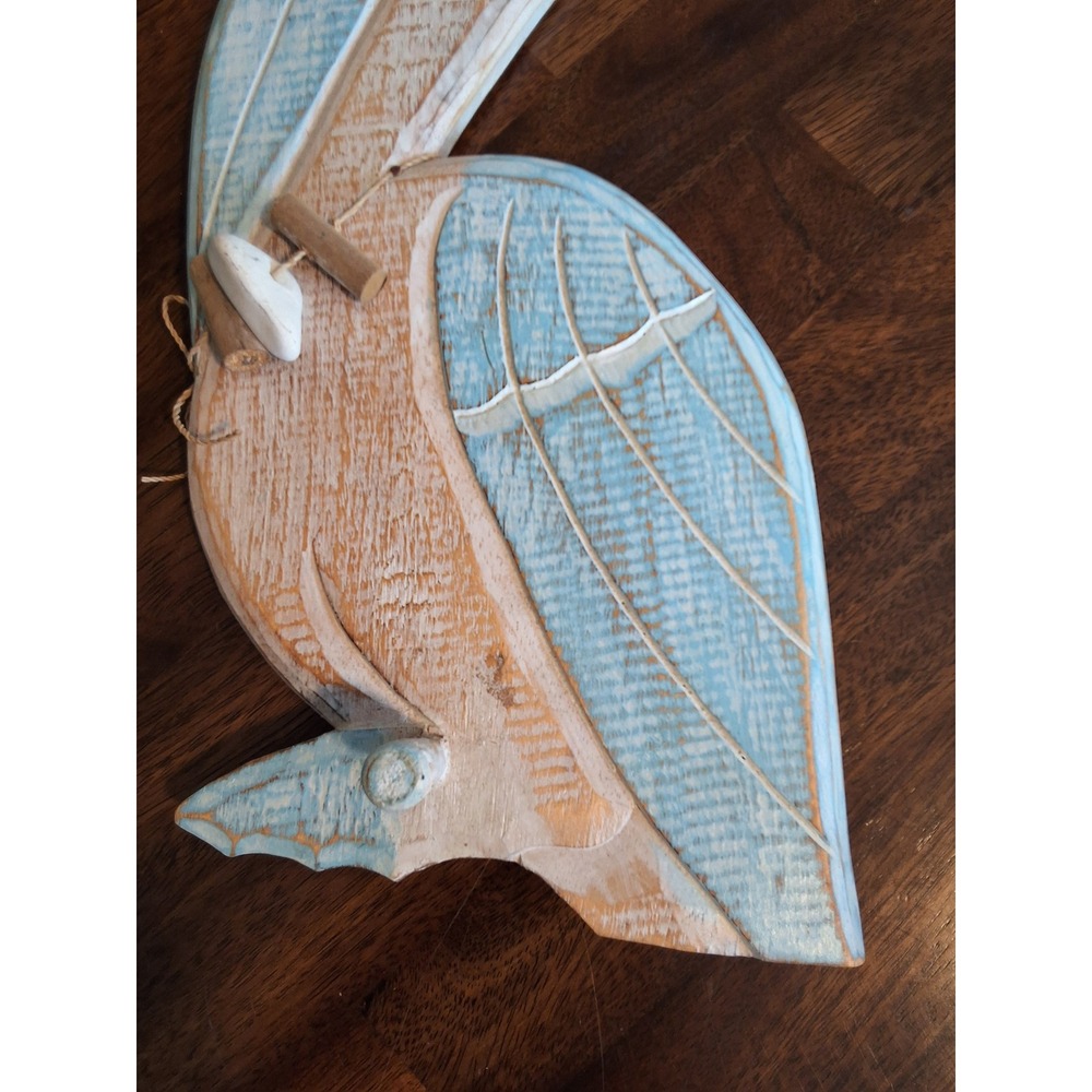 Hand Carved Wooden Pelican Wall Art Coastal Nautical Distressed Blue White 18in - Picture 6 of 8